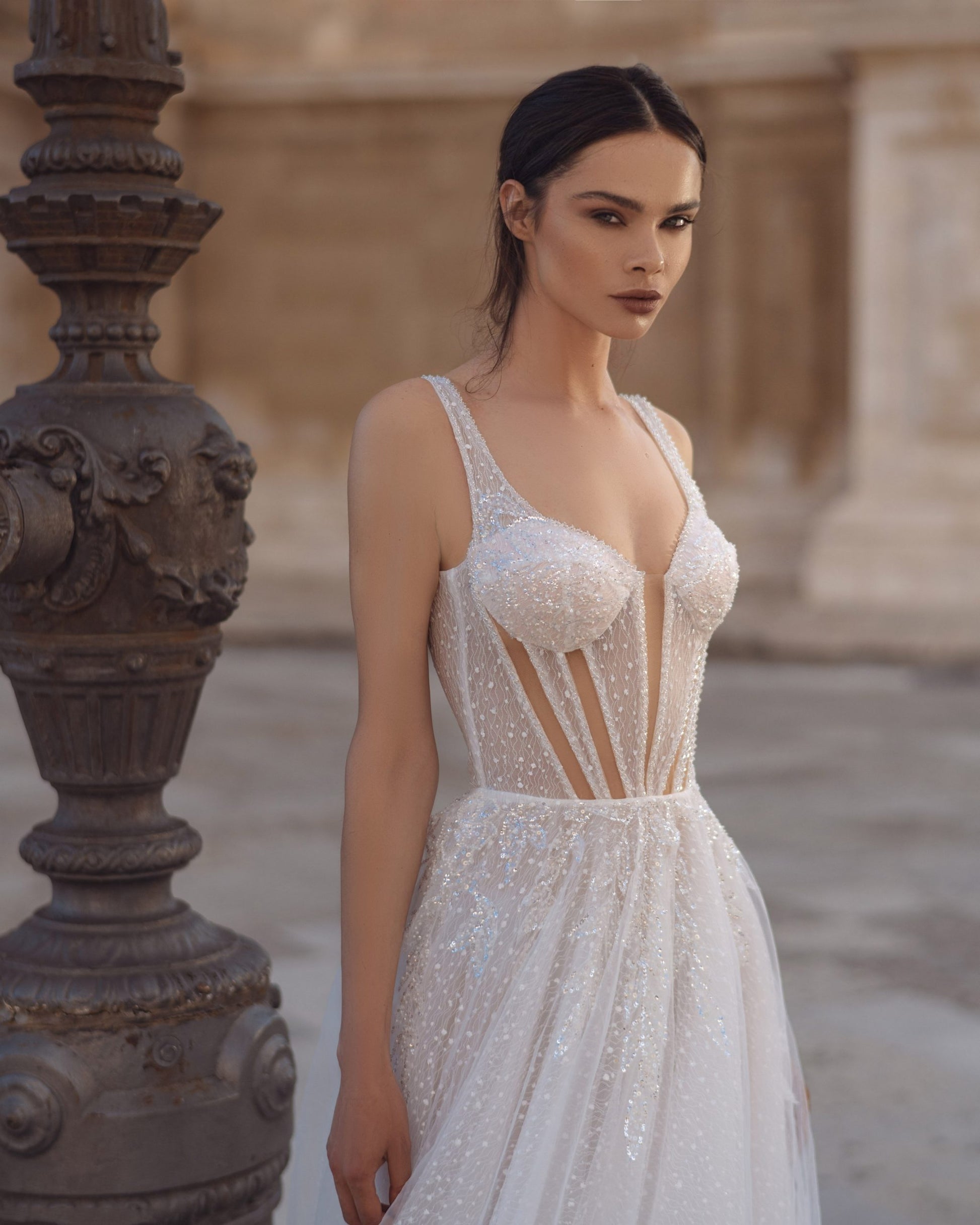 Exquisite A-Line Wedding Gown with Sequin Lace, Sweetheart V-Neck Neckline, and Delicate Spaghetti Straps for a Romantic and Timeless Bridal Look