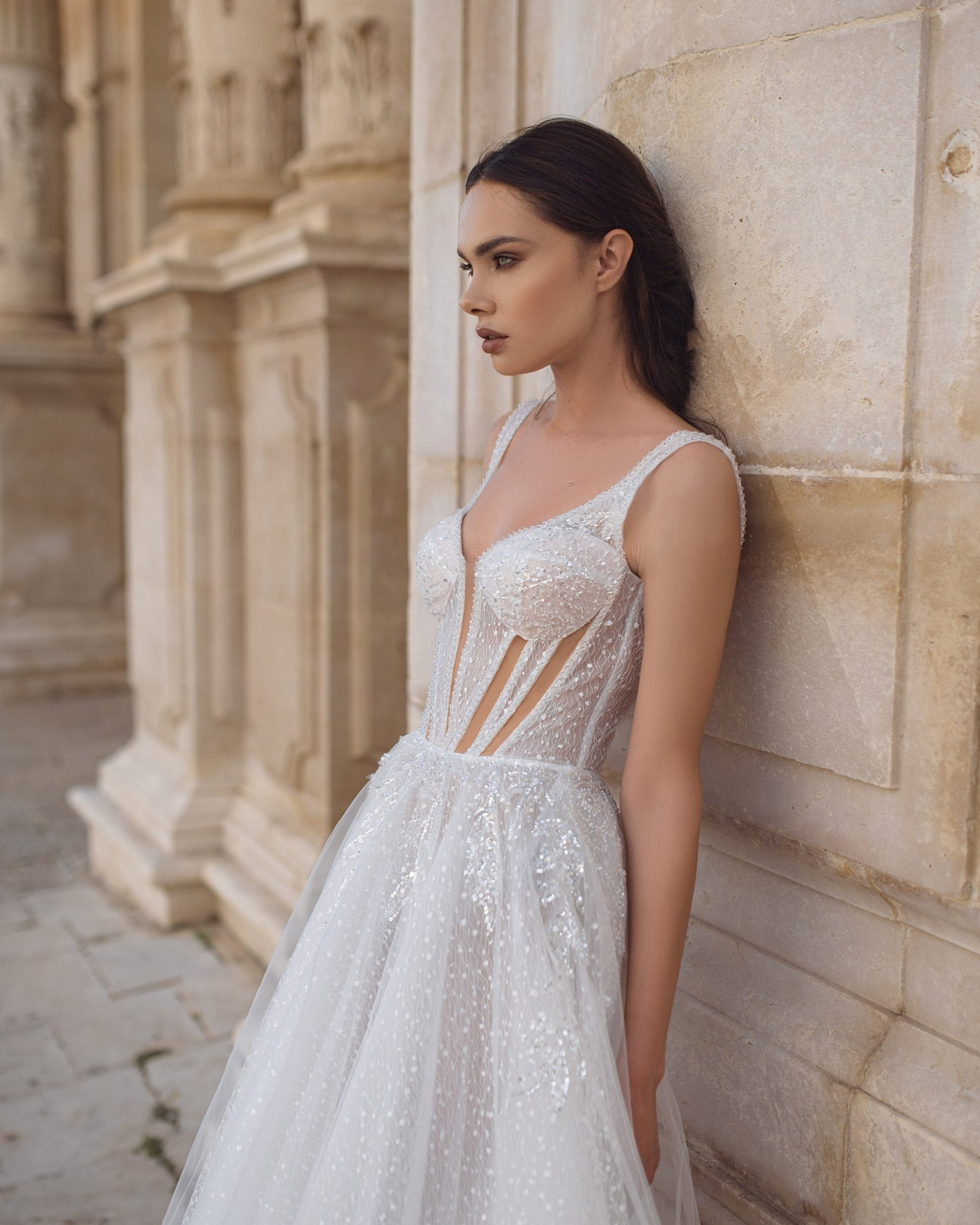 Exquisite A-Line Wedding Gown with Sequin Lace, Sweetheart V-Neck Neckline, and Delicate Spaghetti Straps for a Romantic and Timeless Bridal Look