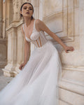 Exquisite A-Line Wedding Gown with Sequin Lace, Sweetheart V-Neck Neckline, and Delicate Spaghetti Straps for a Romantic and Timeless Bridal Look