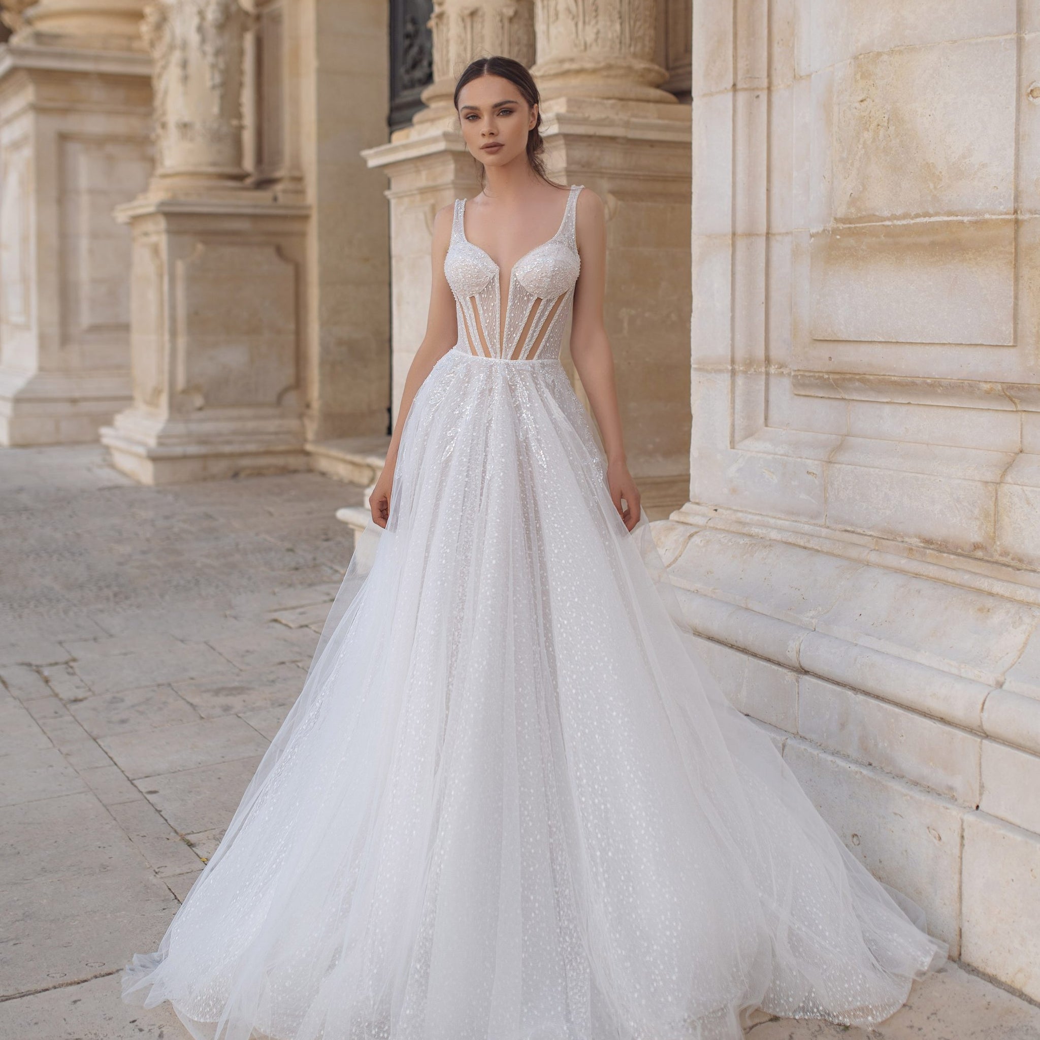 Exquisite A-Line Wedding Gown with Sequin Lace, Sweetheart V-Neck Neckline, and Delicate Spaghetti Straps for a Romantic and Timeless Bridal Look