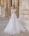 Exquisite A-Line Wedding Gown with Sequin Lace, Sweetheart V-Neck Neckline, and Delicate Spaghetti Straps for a Romantic and Timeless Bridal Look