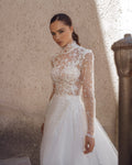 Elegant A-Line Wedding Gown with Sequin Lace, High Neckline, and Long Sleeves for a Sophisticated and Timeless Bridal Look