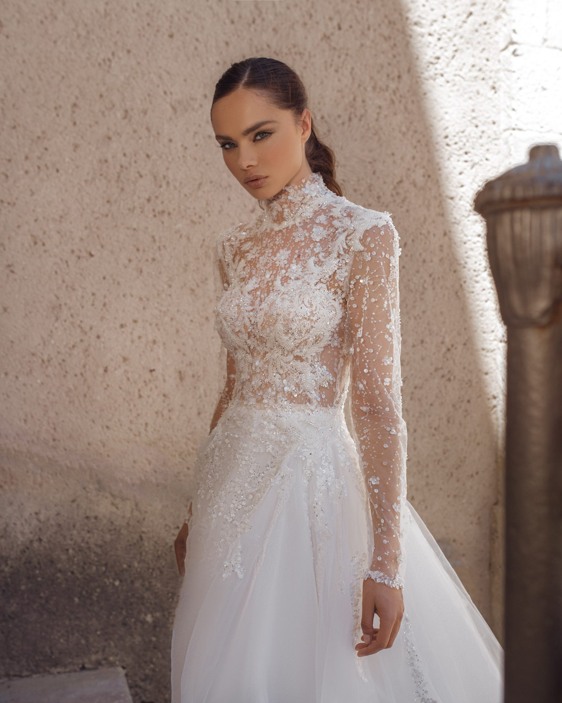 Elegant A-Line Wedding Gown with Sequin Lace, High Neckline, and Long Sleeves for a Sophisticated and Timeless Bridal Look