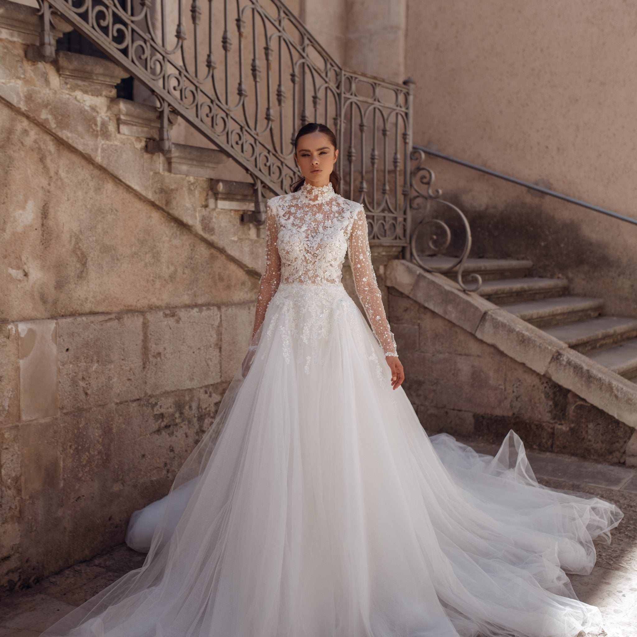 Elegant A-Line Wedding Gown with Sequin Lace, High Neckline, and Long Sleeves for a Sophisticated and Timeless Bridal Look