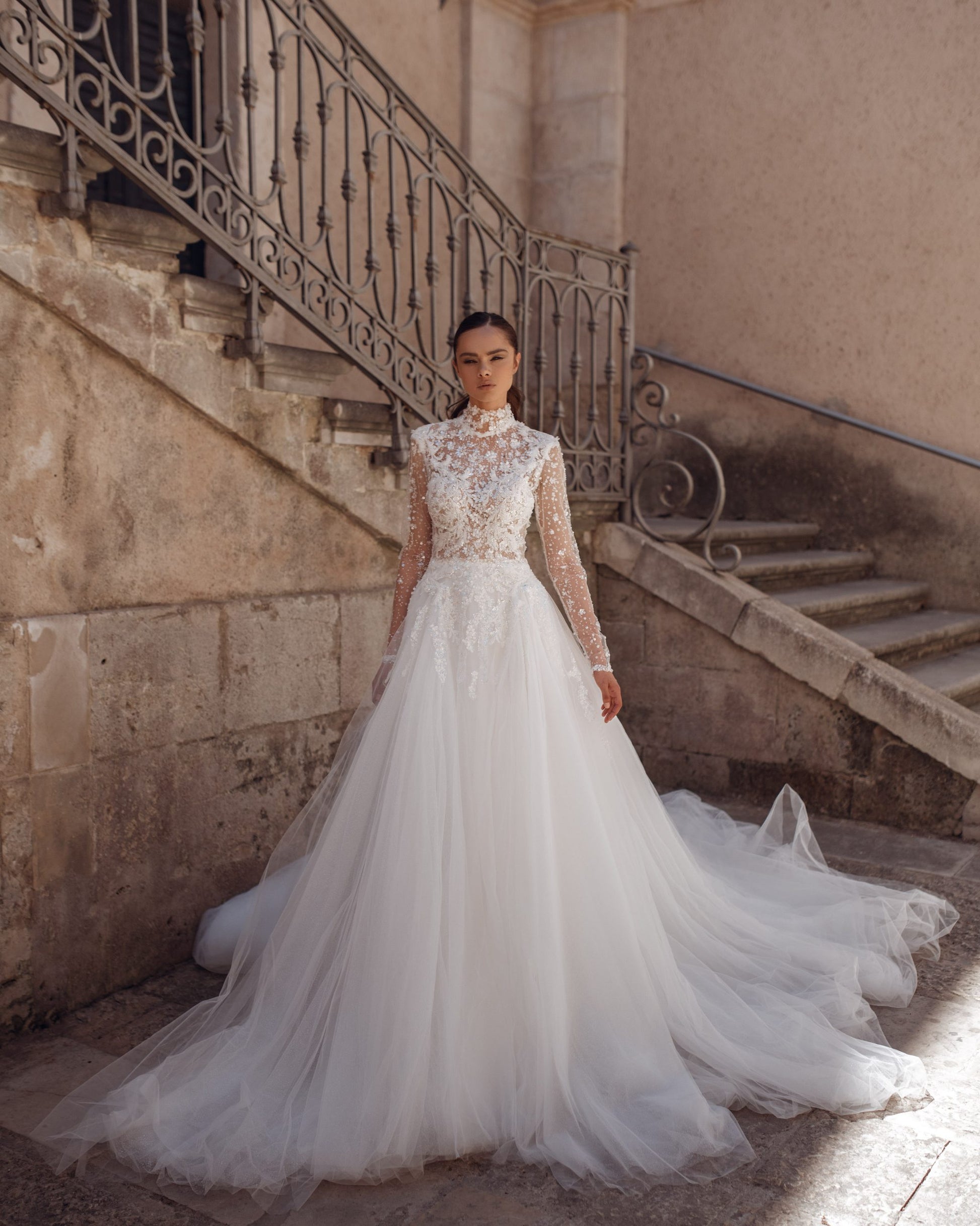 Elegant A-Line Wedding Gown with Sequin Lace, High Neckline, and Long Sleeves for a Sophisticated and Timeless Bridal Look