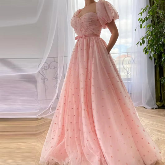 Princess A-line Evening Dresses Puffy Sleeve Prom Dress Baby Pink Party Dresses Sweet Heart Shape Robe De Soirée