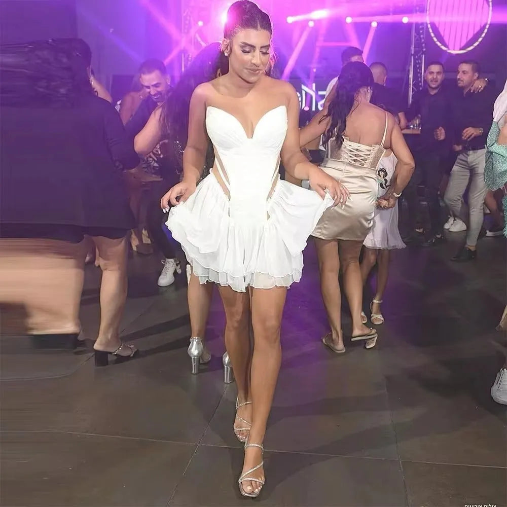 Short Mini Sexy Princess Bridal Gown Sweetheart Chiffon Tiered Sleeveless Above Knee Length Wedding Dress Gowns Dress