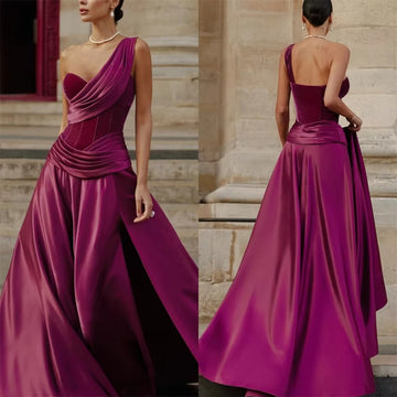 Vestidos de fiesta elegantes de color fucsia, línea A, un hombro, plisados, abertura lateral alta, largo hasta el suelo, vestidos de fiesta, vestidos de graduación