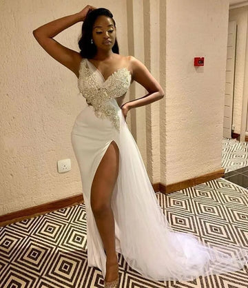 Sexy One Shoulder Wedding Dress Lace Appliqued Beaded African Crystal Beads Backless High Split Bridal Gown Robe Custom