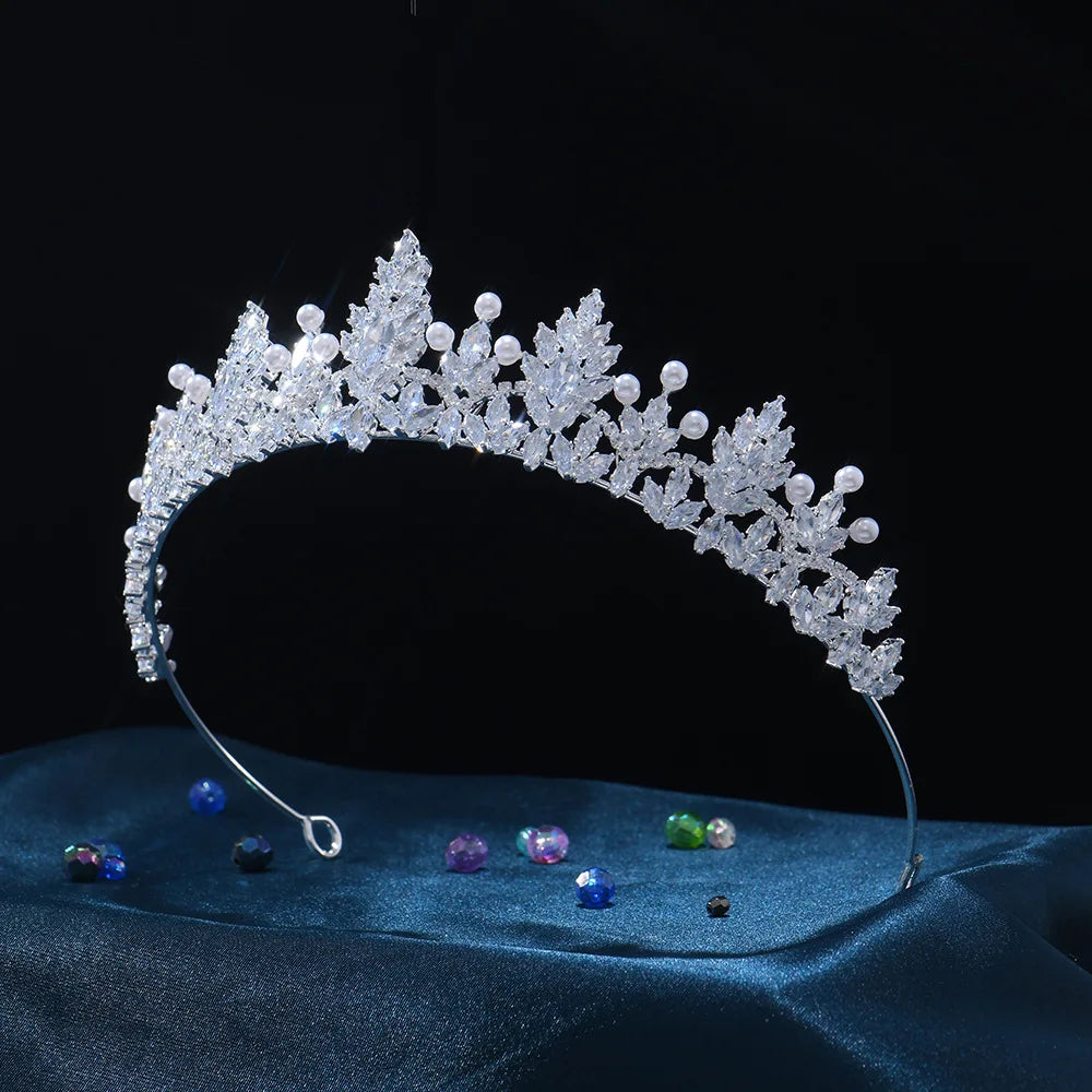 Pearl Cubic Zirconia Tiaras and Crowns CZ Zircon Headband Bride Princess Queen Headpiece Bridal Hair Jewelry Wedding Accessories