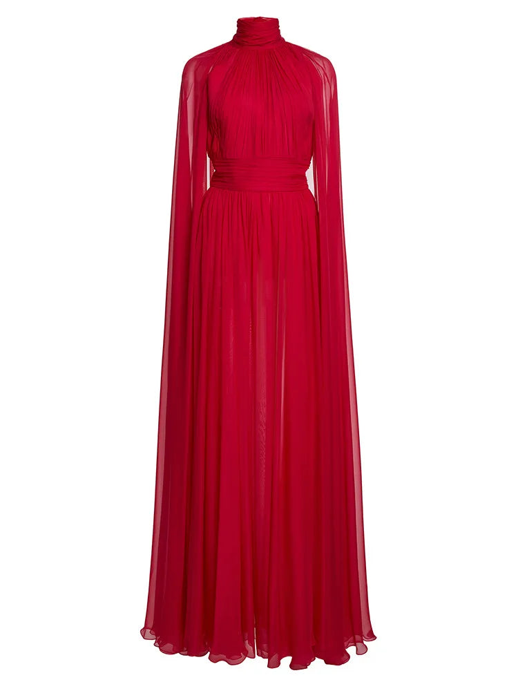Arrival Red Color Women Fashion Cloak Sleeve Slim Floor-length Dress Elegant Eveening Party Celebrate Prom Outfit