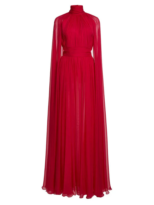 Arrival Red Color Women Fashion Cloak Sleeve Slim Floor-length Dress Elegant Eveening Party Celebrate Prom Outfit
