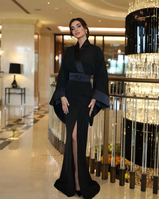 Black Mermaid Prom Dresses Long Sleeve Evening Gowns Side Split Saudi Arabia Formal Satin Noble Party Dress
