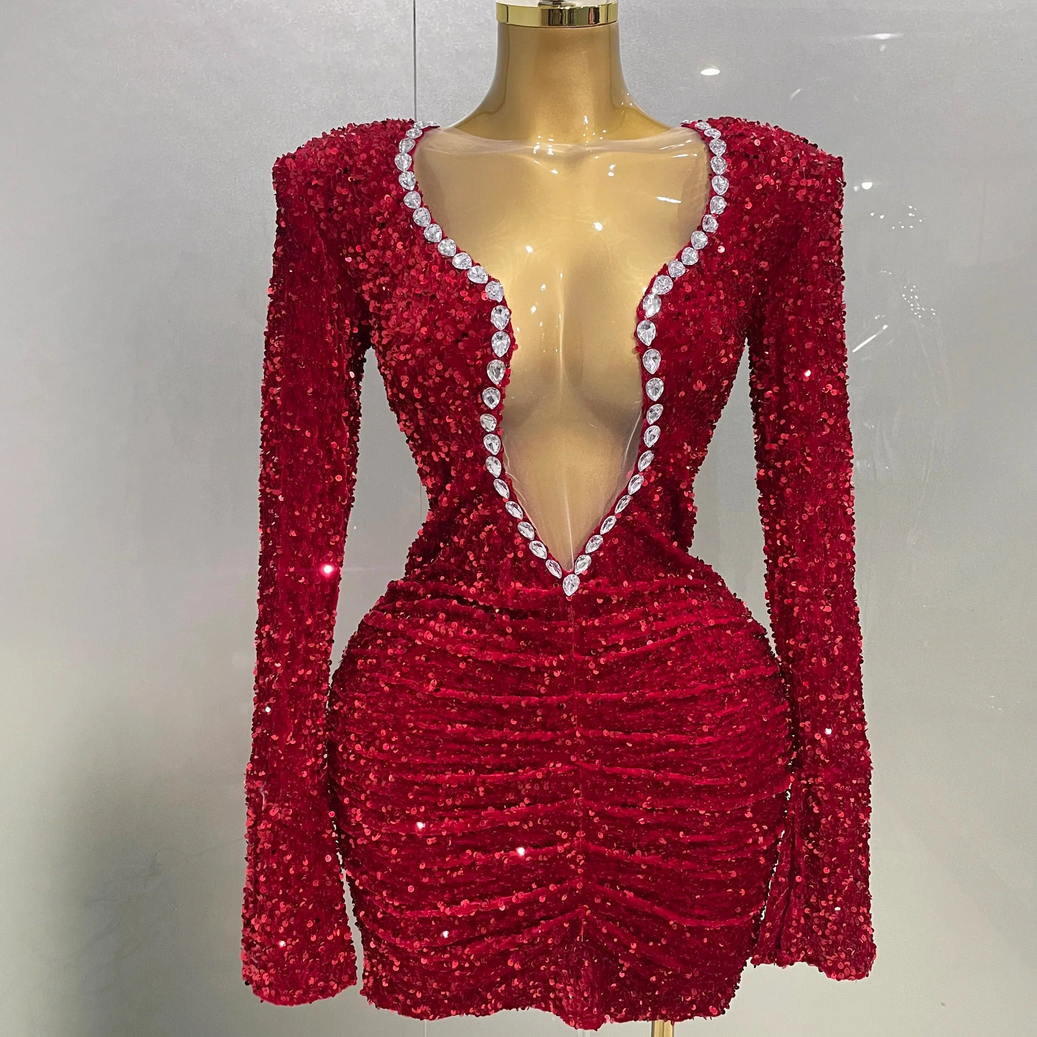 Sexy Shiny Red Sequins Rhinestones Sheath Mini Dress Women Evening Birthday Party Nightclub Stage Performance Costume Red