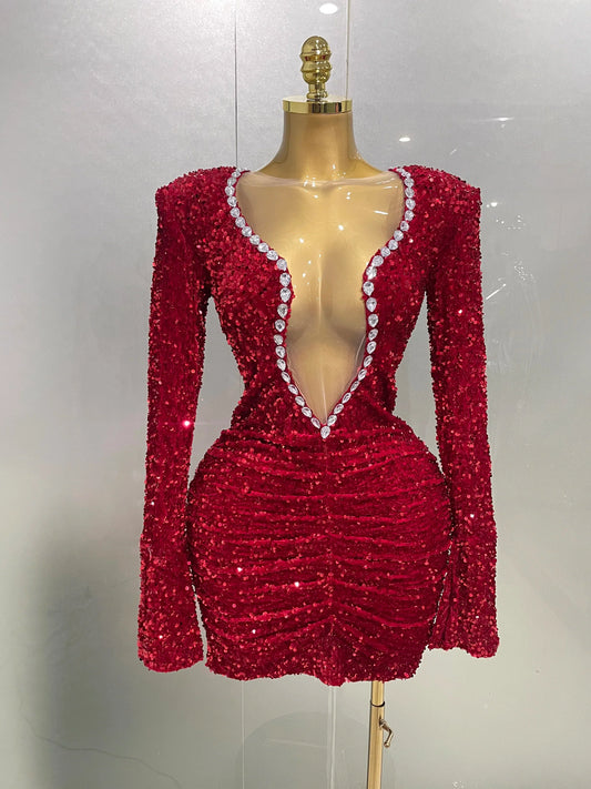 Sexy Shiny Red Sequins Rhinestones Sheath Mini Dress Women Evening Birthday Party Nightclub Stage Performance Costume Red