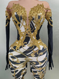 Sparkly Gold Rhinestones Jumpsuit With Gloves Women Sexy Printed Party Nightclub Bar Singer Stage Performance Costume