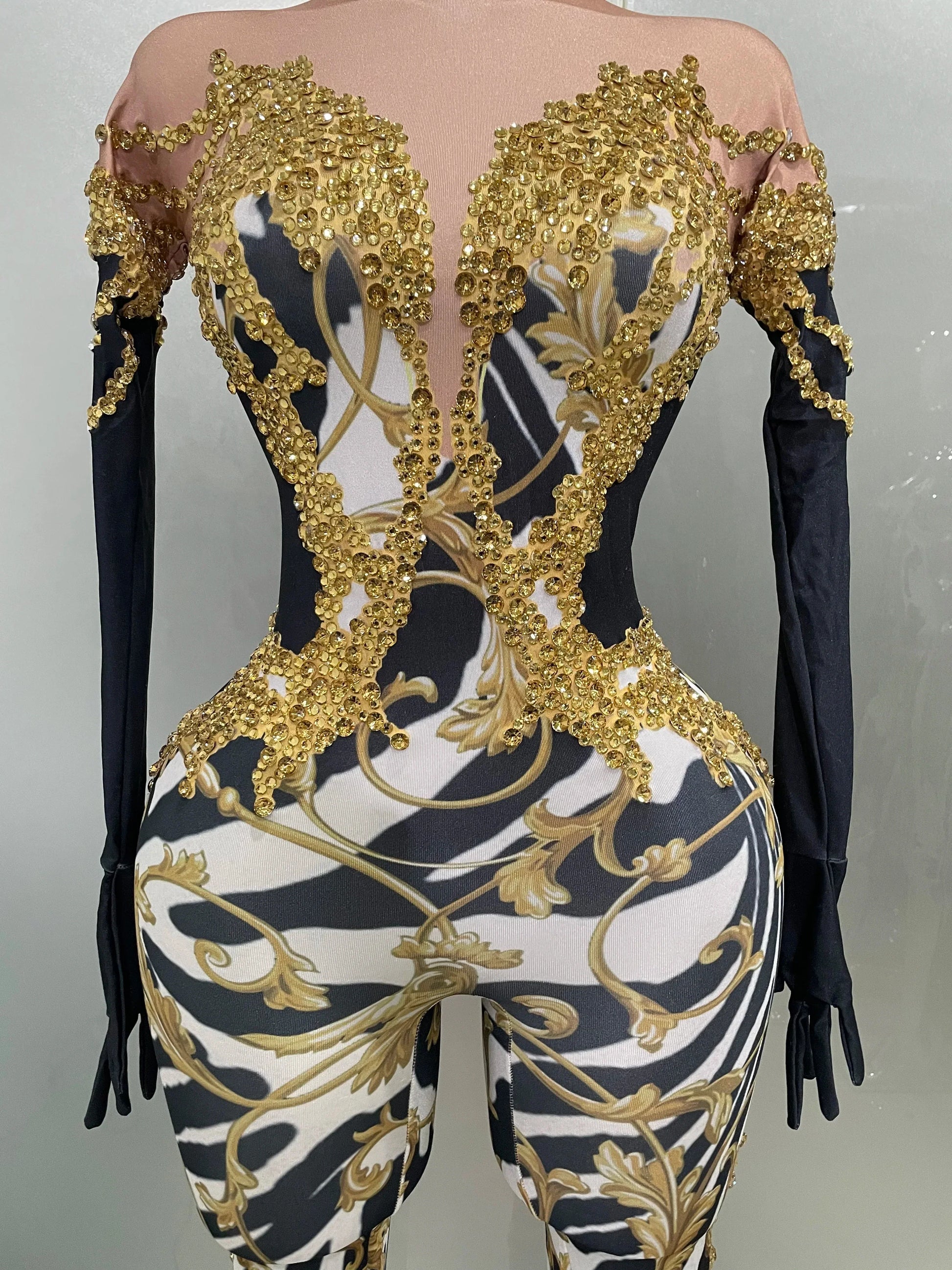 Sparkly Gold Rhinestones Jumpsuit With Gloves Women Sexy Printed Party Nightclub Bar Singer Stage Performance Costume