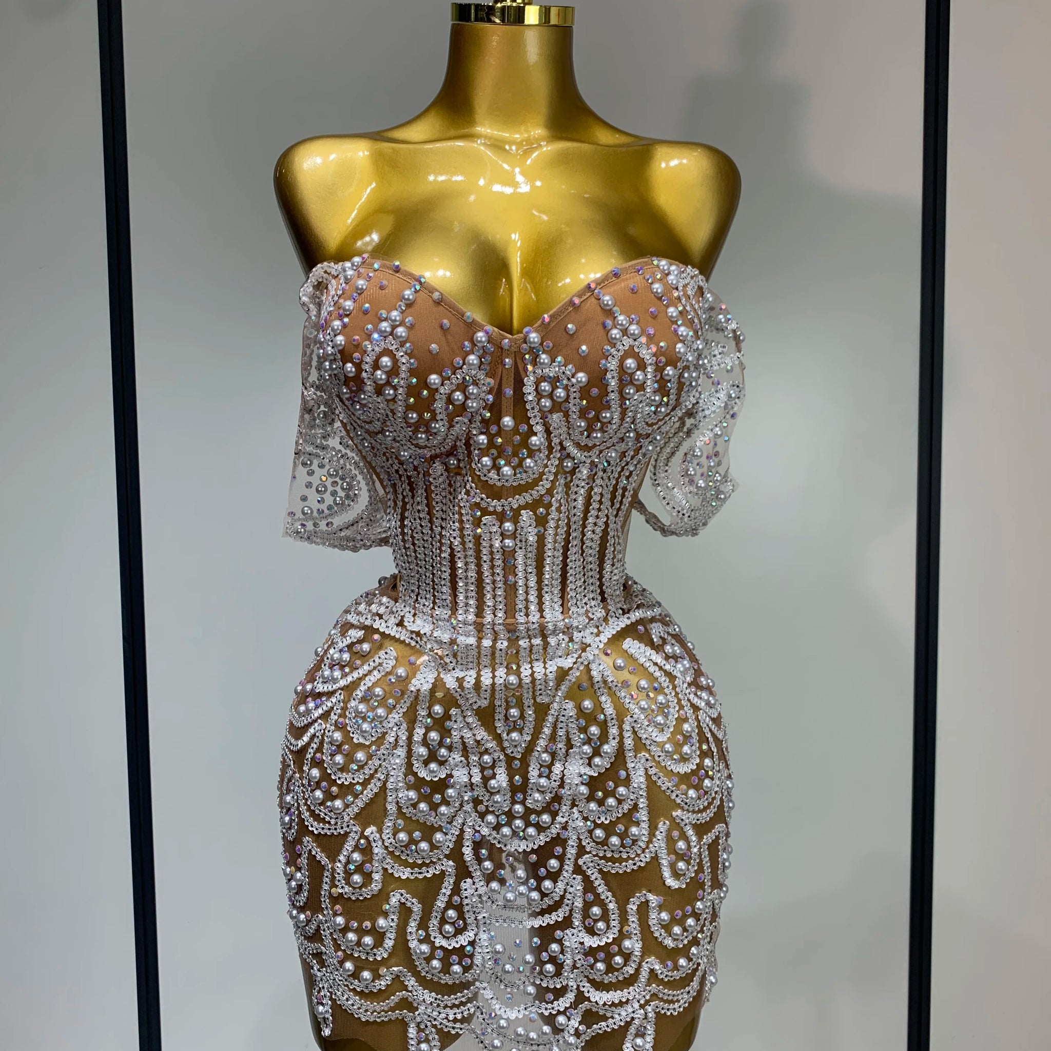 Shining Diamond Sexy Off Shoulde See-Through Mini Dress Women Evening Birthday Party Nightclub Dancer Performance Stage Costume Silver
