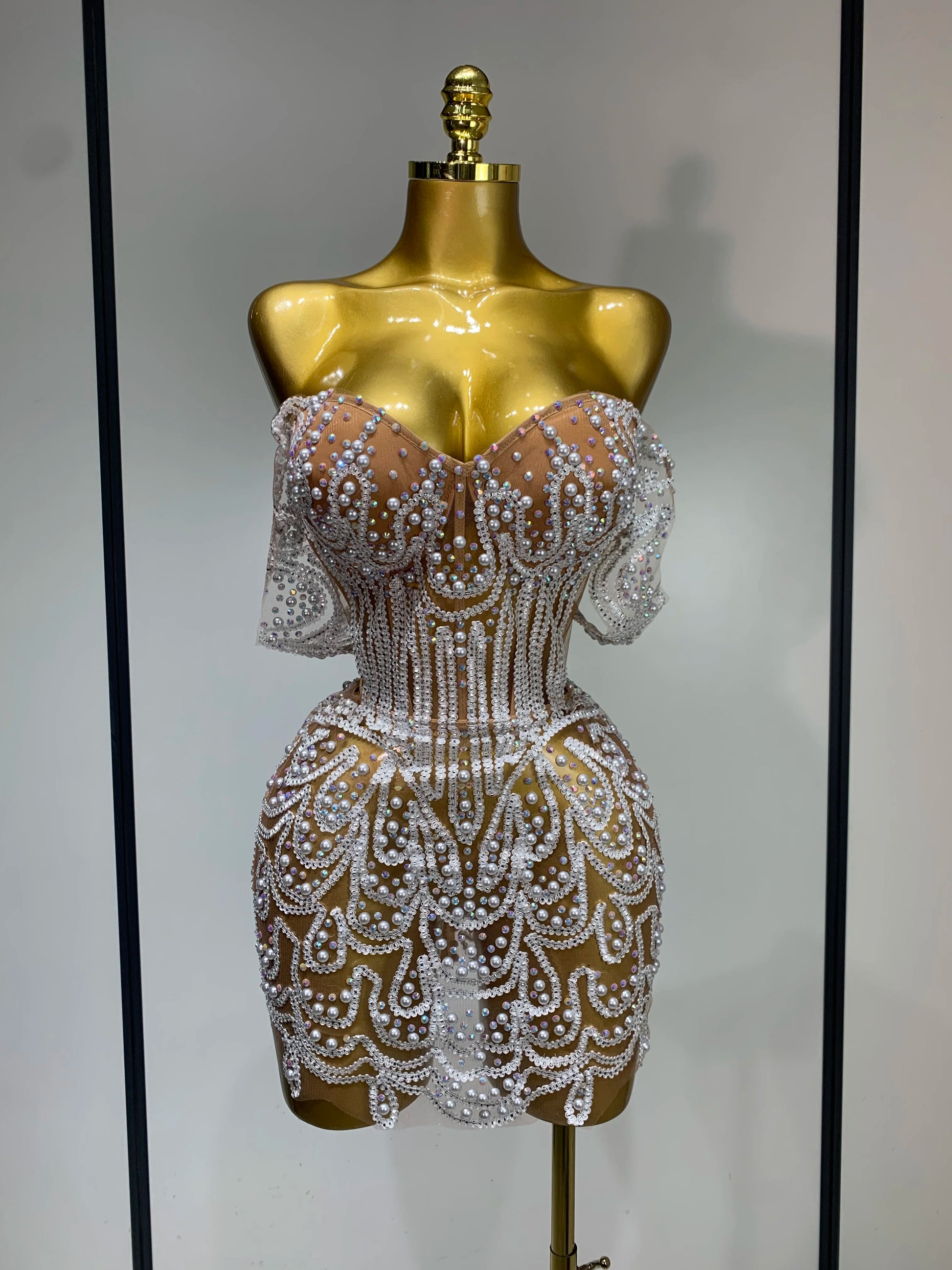 Shining Diamond Sexy Off Shoulde See-Through Mini Dress Women Evening Birthday Party Nightclub Dancer Performance Stage Costume Silver