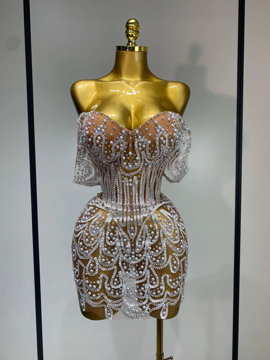 Shining Diamond Sexy Off Shoulde See-Through Mini Dress Women Evening Birthday Party Nightclub Dancer Performance Stage Costume Silver