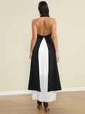 Elegant Women's Loose pleated Long Dress with Stand up Collar and Sleeveless Black and White Dress Fashion Banquet Vestidos