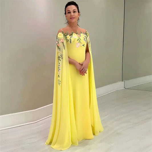 Fairy Yellow Chiffon Prom Dress Mermaid Cap Sleeves Appliques Formal Evening Dress Slit Floor Length Party Gowns Yellow