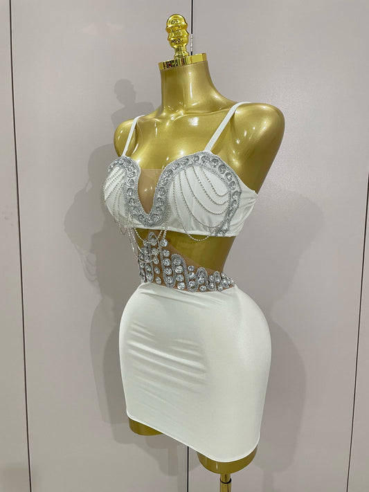 Luxury Shiny Diamond Chain White Sexy Sleeveless Bodycon Mini Dress Evening Birthday Party Nightclub Stage Costume