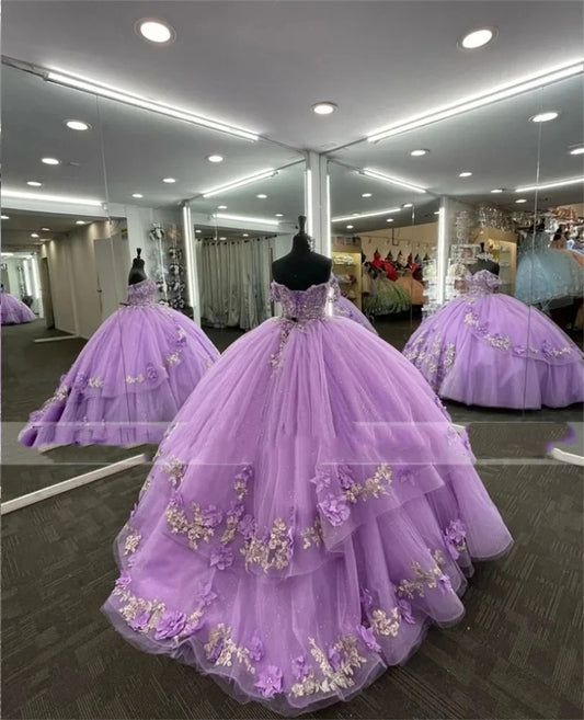Shiny Lilac Quinceanera Dresses 3D Flowers Beading Sliver Lace Vestidos De 15 Anos Birthday Party Prom Ball Gown