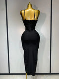 Women Sexy Sleeveless Hollow out Split Backless Black Midi Bandage Dress Celebrity Elegant Evening Cocktail Party Dresses