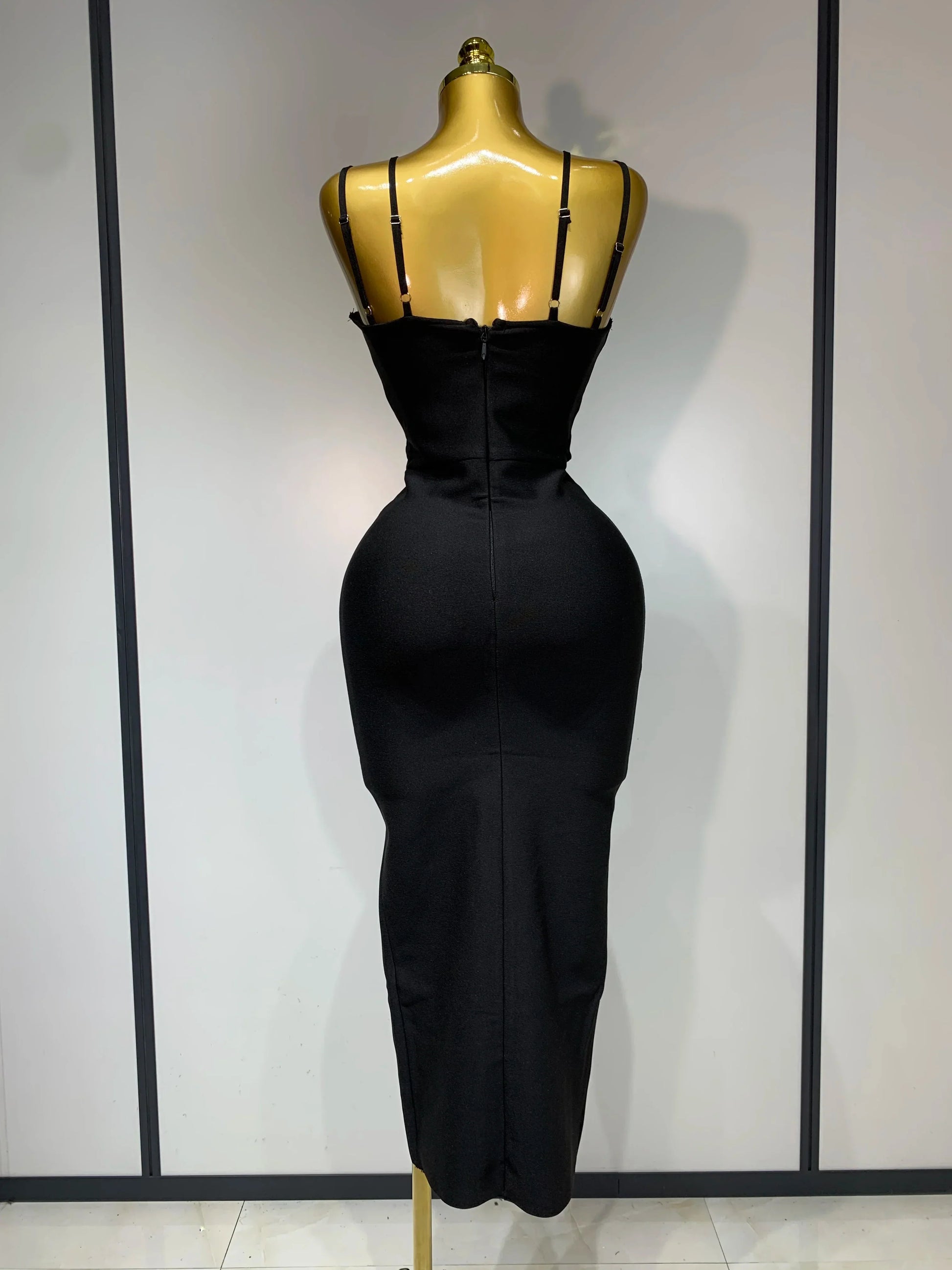 Women Sexy Sleeveless Hollow out Split Backless Black Midi Bandage Dress Celebrity Elegant Evening Cocktail Party Dresses