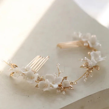 Bridal Jewelry Porcelain Flower Headband Hairband Vintage Gold Color Headpiece Headdress Brides Hair Comb Wedding Accessories a