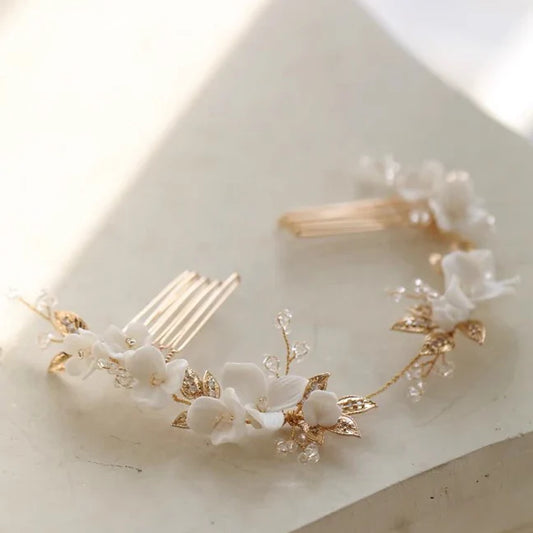 Bridal Jewelry Porcelain Flower Headband Hairband Vintage Gold Color Headpiece Headdress Brides Hair Comb Wedding Accessories a