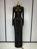 Sparkly Luxury Rhinstones Long Sleeve Elegant Party Dress Women Performance Stage Outfit Evening Birthday Prom Gown black