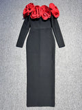 Sexy Women's 3D Red Large Flower Design Bandage Dress with One Collar Card Sleeve Bodycon Long Dress Evening Party Vestidos black