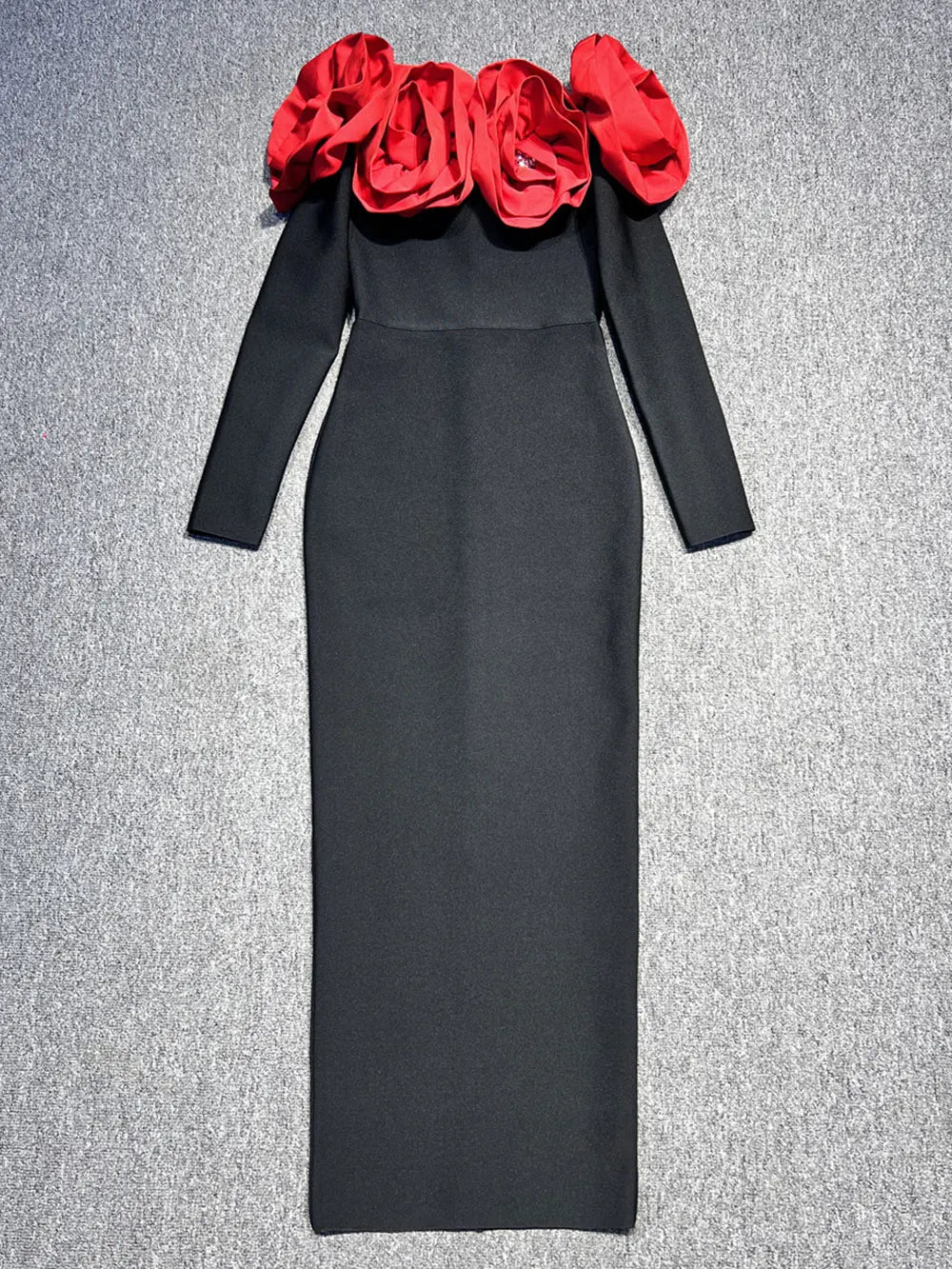 Sexy Women's 3D Red Large Flower Design Bandage Dress with One Collar Card Sleeve Bodycon Long Dress Evening Party Vestidos black