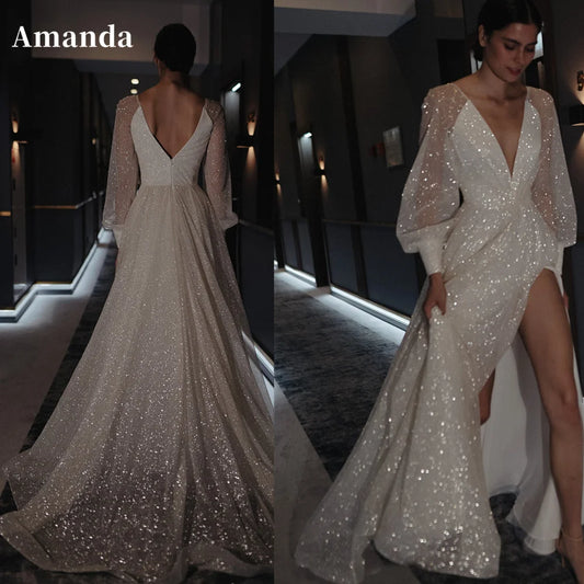 Amanda Sexy Puffy Sleeve Vestido De Novia Bright V-neck Prom Gown Shiny Side Split Prom Dress Flashing Puffy Sleeve فستان سهرة