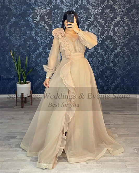Organza Long Sleeves Prom Dresses Ruffles High Slit V-Neck Evening Gowns Women Formal Special Wedding Dress