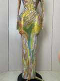 Sparkle Rhinestone High Neck Colorful Printed Long Dress Women Sexy Evening Birthday Celebrate Stage Performance Costume