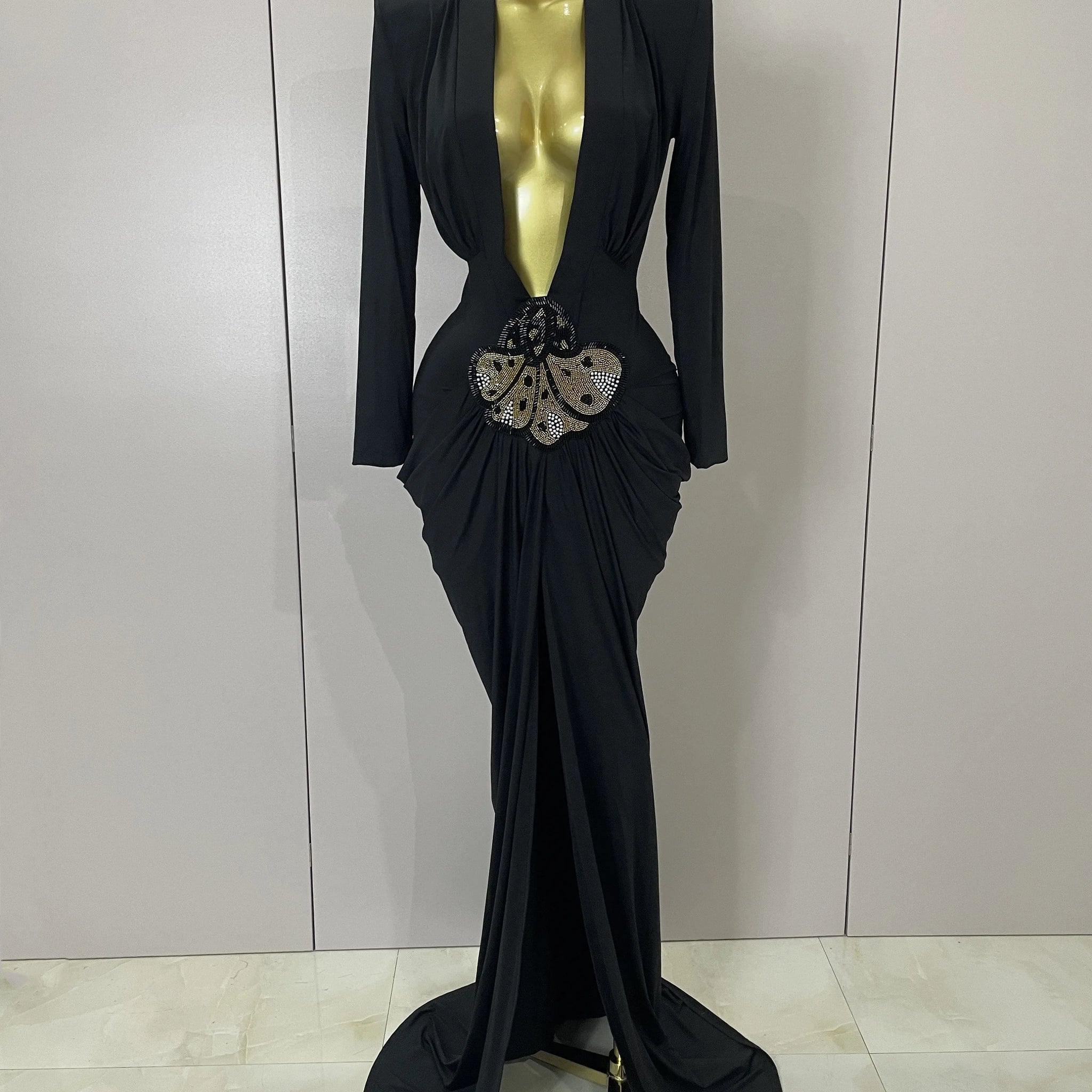 Sexy Deep V-Neck Long Sleeve Bodycon Long Dress Women Spring Elegant Evening Party Celebrate Cocktail Outfit Vestido black