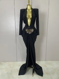 Sexy Deep V-Neck Long Sleeve Bodycon Long Dress Women Spring Elegant Evening Party Celebrate Cocktail Outfit Vestido black