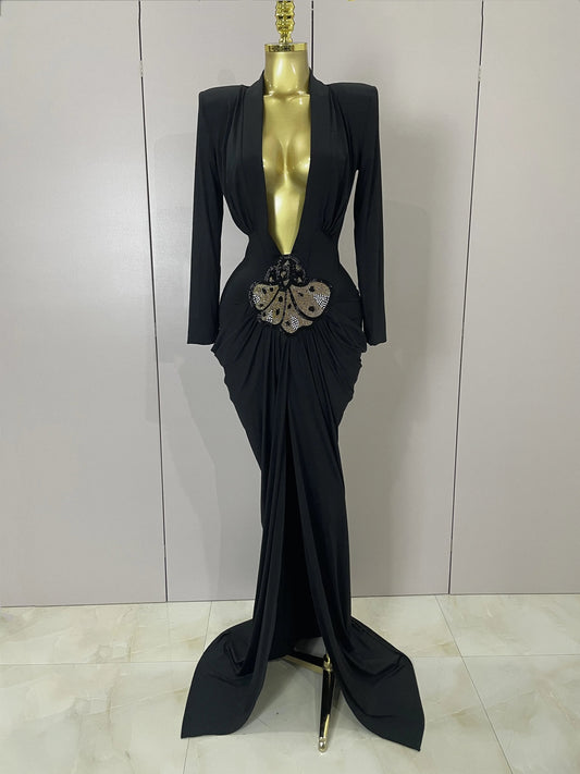 Sexy Deep V-Neck Long Sleeve Bodycon Long Dress Women Spring Elegant Evening Party Celebrate Cocktail Outfit Vestido black