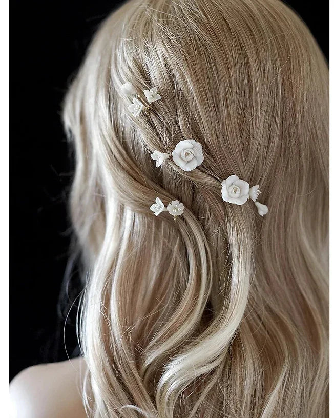 Gold Color Hair Clip Pins Porcelain Rose Flower Hairpins For Brides Bridesmaids Headpieces Bridal Jewelry Wedding Accessories