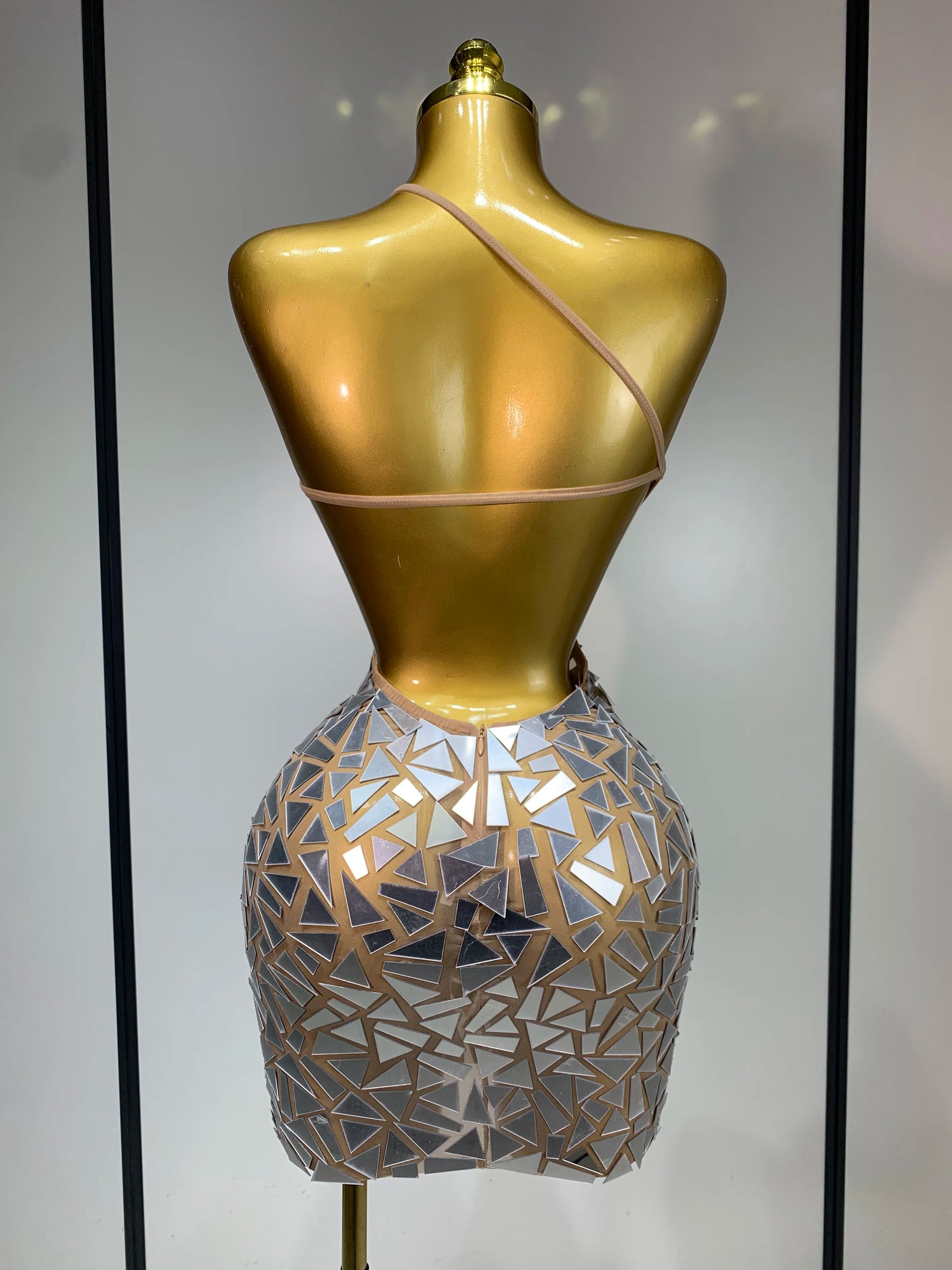 Women Sexy Halter Off the Shoulder Backless Shinning Mirrors Bodycon Mini Dress Celebrate Birthday Nightclub Party Stage Outfit