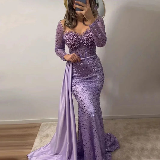 Customized Araibc Pearls Mermaid Evening Dresses Long for Women O Neck Long Sleeves Formal Prom Wedding Party robes de soirée Champagne