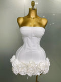 Sexy Evening Bandage Dress Strapless Bodycon Flowers Mini Celebrity Women Birthday Party Dress Photo Shoot Nightclub Outfit WHITE