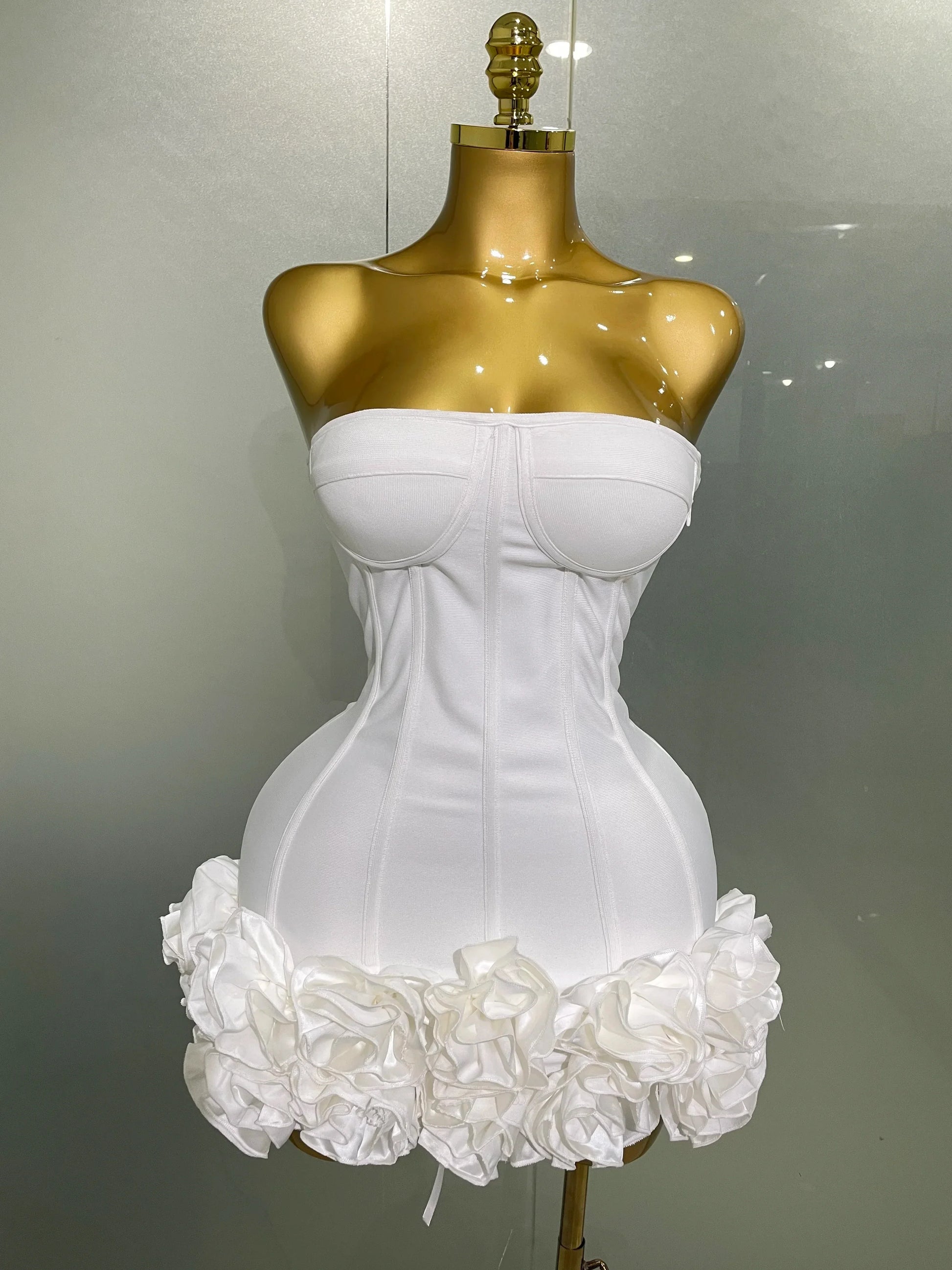 Sexy Evening Bandage Dress Strapless Bodycon Flowers Mini Celebrity Women Birthday Party Dress Photo Shoot Nightclub Outfit WHITE