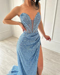 Light Blue vestidos de noche Heart Neck Mermaid Glitter Prom Dresses Elegant Floor-Length Side Split Formal Evening