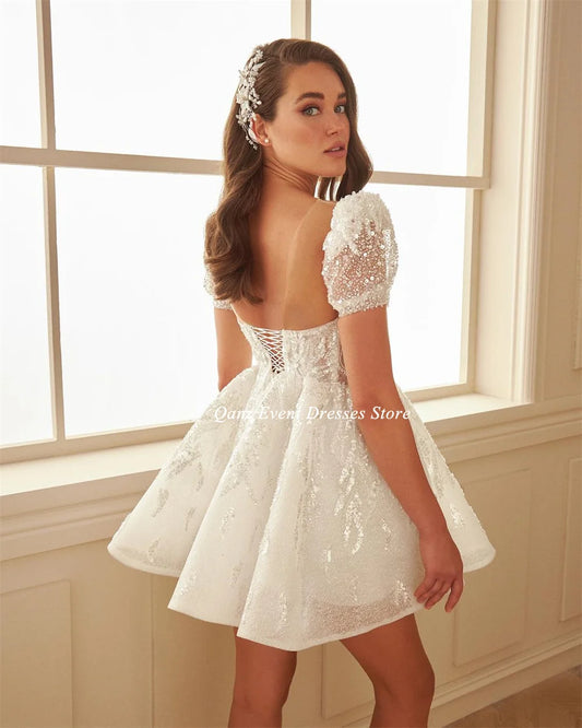Short Crystal Sequined Wedding Dresses Appliques Puff Sleeves Beadings Princess Party Dresses Dress Women Elegant Luxury