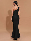 2024 Sexy Women Light Luxury Nail Bead Bandage Dress One Shoulder Slant Neck Sleeveless Bodycon Tail Dress Evening Party Vestido