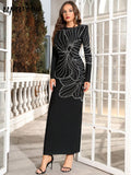 Elegant Women's 3D Hot Diamond Flower Bandage Dress O-neck Long Sleeve Bodycon Black Long Dresses Evening Party Vestido